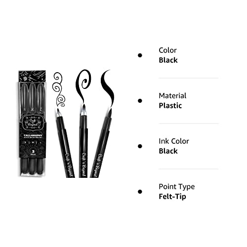 Craft 'N' Beyond Calligraphy Brush Pens Pack Of 3 Small, Medium And Large Markers For Hand Lettering, Art Drawing, Sketching, Scrapbooking, Journaling - Beginner Kit With Fadeproof Black Ink #TOP6