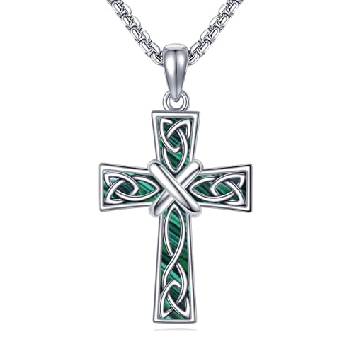 Image of POPLYKE Celtic Cross Necklace for Men 925 Sterling Silver Malachite Cross Pendant Necklace Irish Religious Jewellery for Men Women