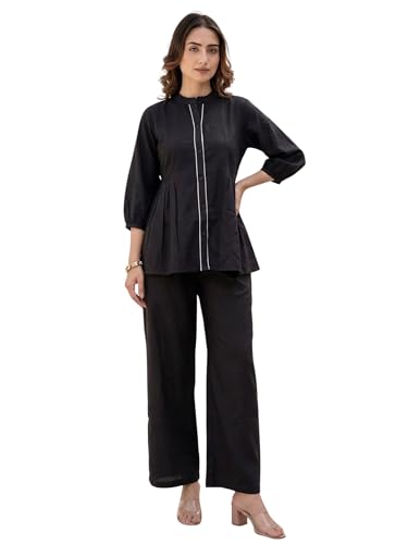 Image of TAGDO Co Ord Set for Women Stylish | Linen Kurta Set for Women | Mandarin Neck & Button Kurti Tops with Straight Fit Pants | Casual, Office & Travel Wear Two-Piece Outfit (2062)