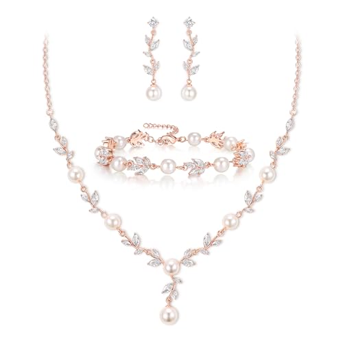 Image of EVER FAITH Cubic Zirconia Pearl Leaf Bridal Jewelry Set for Bride Women
