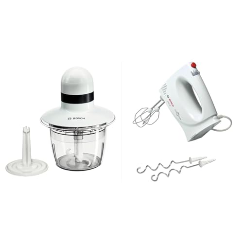 Bosch MMR08A1 Tritatutto, 400W, Lame in acciaio inox, Contenitore in plastica & Bosch MFQ3030 Sbattitore elettrico, 350W, Frusta e ganci in acciaio inox, Leggero, 4 velocità