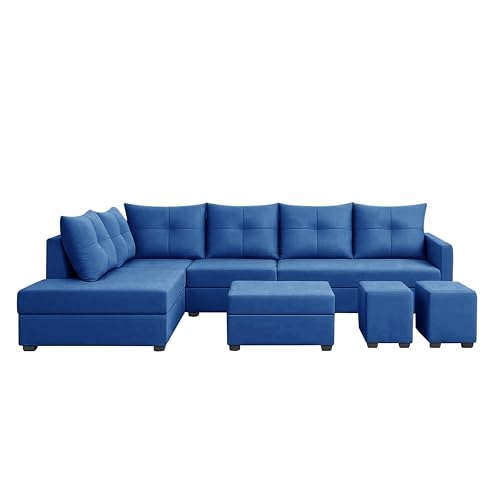 Image of Wood 8 Seater Sofa Set with Ottoman & Stools | Velvet Fabric Upholstery | Modern L Shape Wooden Frame Couch for Living Room, Home & Office (Blue)