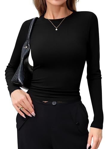 Laughido Women's Casual Slim Fit Basic T Shirts Crew Neck Long Sleeve Top Ribbed Knit Going Out Clothing 2025