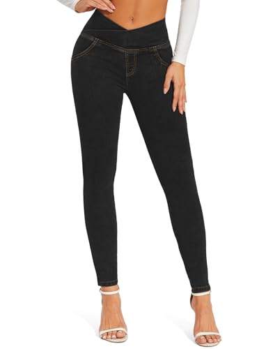 CROSS1946 Crossover Skinny Jeans for Women High Waist Criss Cross Stretch Classic Slimming Jeggings Denim Trousers Pants Black S