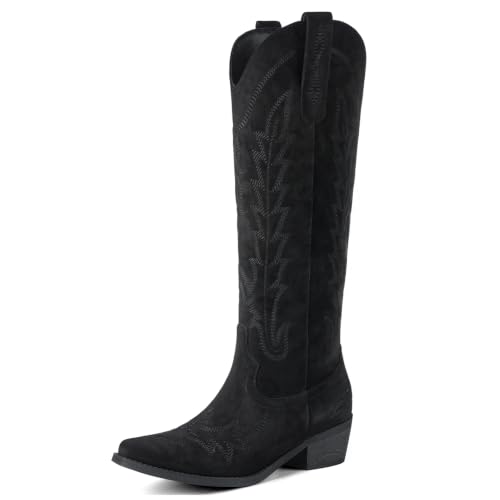 Image of Rivalran Cowboy Boots for Women - Knee High Pointed Toe Chunky Heel Pull On Zipper Western Cowgirl Boots, Retro Country Vintage Fashion Tall Boots
