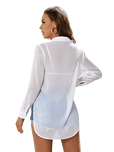 SweatyRocks Women's Long Sleeve See Through Button Down Shirt Slit Mesh Blouse Top2