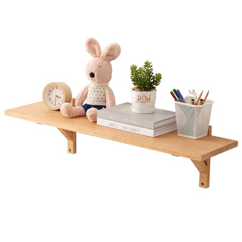 TRWISWDC Floating Shelves Oak 32 inches Natural Wood Wall Shelf Wall Mounted Rustic Floating Shelf with Brackets for Bedroom Living Room Bathroom Kitchen Office Wall Storage Shelf