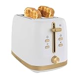 West Bend Timeless 2-Slice Toaster with 7 Browning Levels, Bagel/Waffle/Defrost Settings, High-Lift Lever, Anti-Jam, Easy-Clean Crumb Tray, 2-Slice, White/Gold