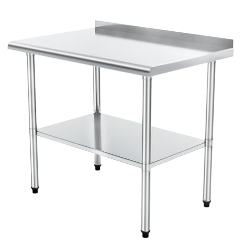TAIMIKO Stainless Steel Food Prep Table Heavy Duty Kitchen Catering Table with 3.2cm Backsplash & Double Layer Load up to 300Kg Commercial Work Beach for Restaurant Kitchen Bar Garage (24x30 inch)
