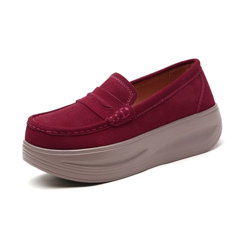 Image of Women's Suede Platform Wedge Loafers Moccasin Toe Comfort Casual Slip-on Loafer Shoes Toning Rocker Non-Slip Walking Shoes with Arch Support