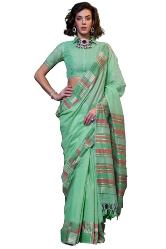 Image of SGF11 Women's Soft Cotton Linen Silk Saree With Unstitched Blouse Piece