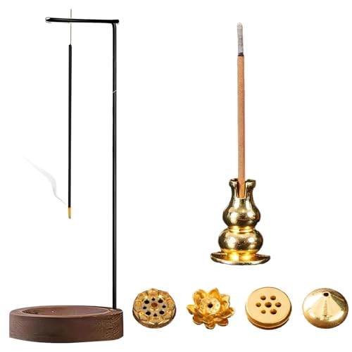 7-in-1 Räucherstäbchen Halter, Inklusive Metallhalter mit Holzbasis & 5 Räucherstäbchenhalter, Umgedrehter Incense Holder für Yoga, Meditation, Aromatherapie, Raumdekoration, Büro & Schlafzimmer