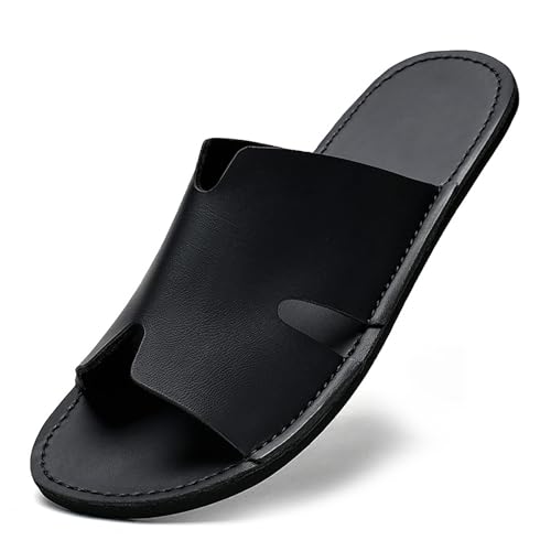 Men'S Genuine Leather Flat Slides Sandals Fashion Round Open Toe Slip On Soft Bottom Beach Sandals Summer Casual Vacation Parties Slippers