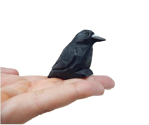 Native Wooden Creations Raven Black Bird Crow Figurine Statue Sculpture Art Miniature Wood Carving Decor Small Animal