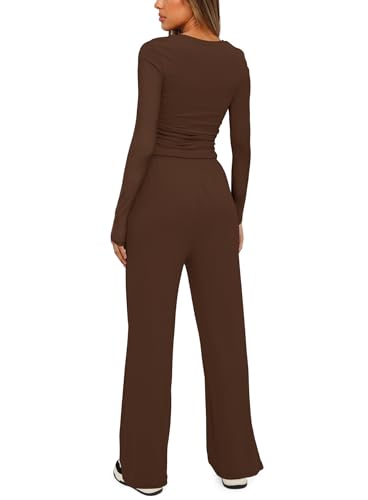 Darong Women's 2 Piece Outfits Lounge Sets Ruched Long Sleeve Tops and Wide Leg Pants Tracksuit Sets 9065B Coffee L