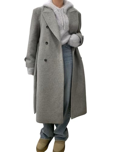 chouyatou Women Double Breasted Wool Coat Lapel Collar Long Peacoat Business Casual Trench Coat with Belt