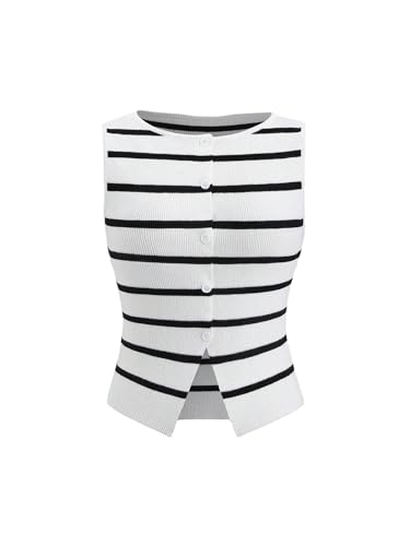 GORGLITTER Women's Sleeveless Striped Sweater Vest Dressy Button Down Knit Business Casual Cardigan