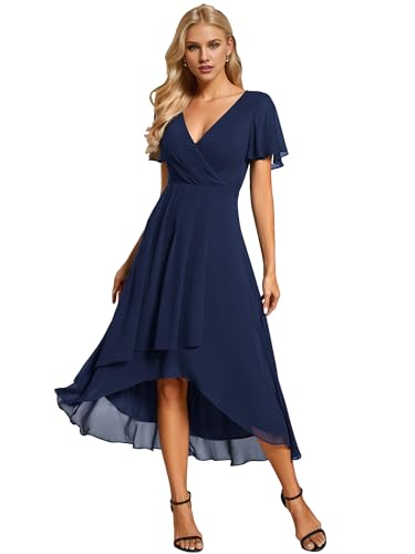 Ever-Pretty Abendkleid Asymmetrisches Cocktailkleid für Damen V Ausschnitt Knielang A-A-Linie Chic Navy Blau 42