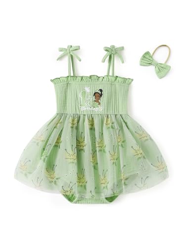 Disney Princess Tiana Baby Girl Romper Dress Newborn Smocked Sparkle Mesh Skirt Bodysuit 1 Year Old Cake Smash Outfits Infant Summer Party Cute Clothes with Headband Green 9-12 Months