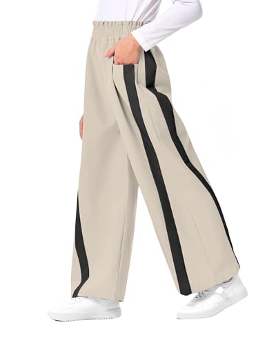 Hvididan Girls Striped Side Fashion Baggy Track Pants Y2K Wide Leg Sweatpants Hiking Pants,Beige Size 11-12