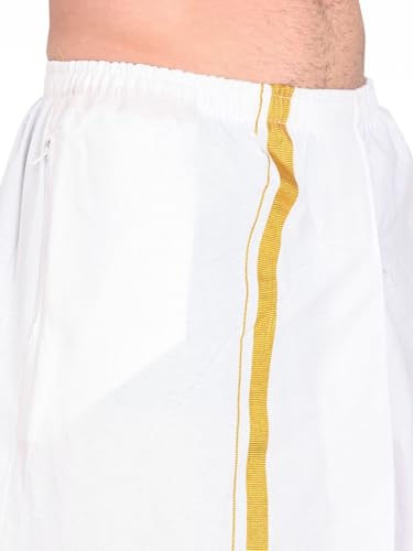 Image of Gowri Tex 100% Pure Cotton White Elastic Dhoti With Gold Border Dual Packet Pack Of 1 - Free Size