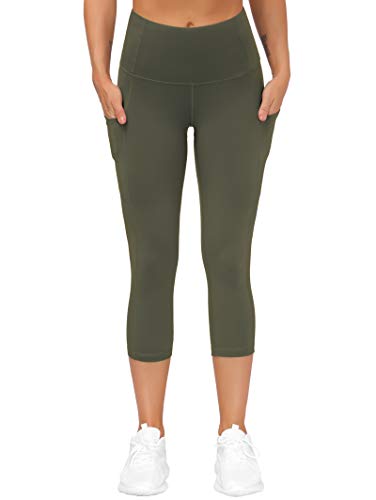 Image of THE GYM PEOPLE Thick High Waist Capris Yoga Pants with Pockets, Tummy Control Workout Running Yoga Leggings for Women
