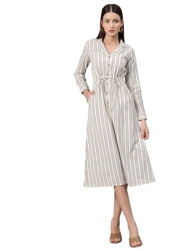 Image of Cottinfab Women Beige and White Striped Cotton Shirt Midi Dress Long Sleeves