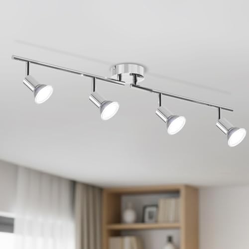 LVWIT Lámpara Techo Focos con 4 Focos Giratorios GU10, Lámpara de Pared Interior Cromada Ajustables, Foco Led Interior Techo Iluminación para Dormitorio Pasillo Cocina (Sin Bombillas).