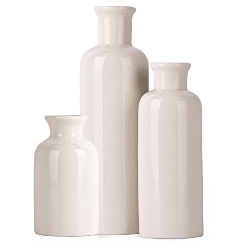 Image of White Ceramic Vase Set - 3 White Small Vases, Farmhouse Country Flower Vase Home Decor, Living Room Decoration, Table Decoration, Fireplace Decor, and Entrance Decorations Centerpieces