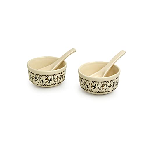 Image of ExclusiveLane 'Warli Village Tales' Handpainted Ceramic Soup Bowl with Spoon Set of 2 (300 ml, Dishwasher & Microwave Safe Bowls, Beige)|Soup Bowl Ceramic Bowl Set of 2 Soup Bowl Set for Kitchen