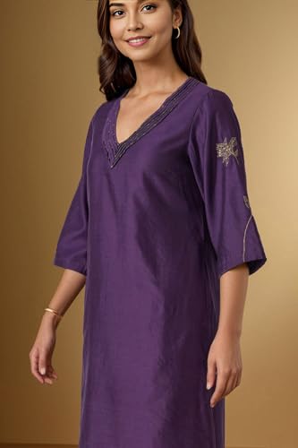 Image of Taneira Women Dark Violet Pure Silk Cotton Embroidered Kurta (KUAM35DVL-Dark Violet-L)