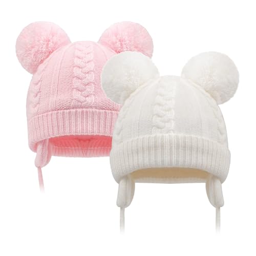 Duoyeree Toddler Winter Hat, Earflap Double Pom Pom Knit Beanie 0-36M