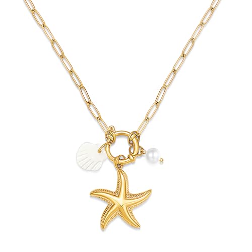 Beach Charm Necklace for Women Shell Starfish Conch Dolphin Seahorse Pendant Necklace for Summer Jewelry