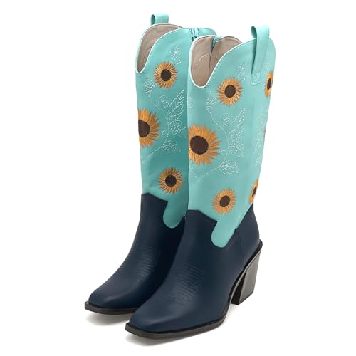 Women's Western Cowboy Boots Mid Calf Cowgirl Boots Chunky Heel Zipper Square Toe Embroidered Sunflower Fashion Boots4