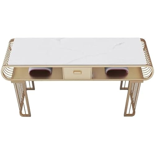 White Marble Nail Table, Gold Metal Frame Nail Workstation, Stylish Double-Layer Nail Workstation, Nail Salon Table, Beauty Salon Furniture Equipment Nail Station, Makeup Table,L140cm