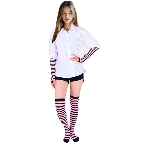 Image of Tongcloud Women's Striped Knee High Socks, Over Knee Thigh High Socks, Arm Warmer and Fingerless Gloves Set