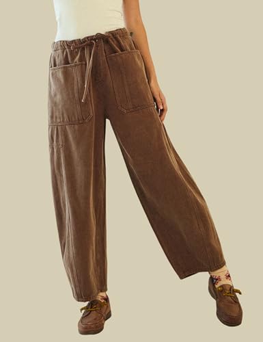 InterNos Women's Trendy Barrel Pants Wide Leg Mid Waisted Trousers Adjustable Drawstring Baggy Pants with Pockets4