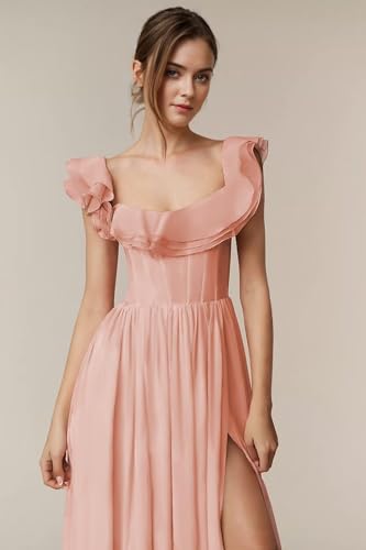 Tianzhihe Women‘s Ruffle Chiffon Bridesmaid Dresses with Slit Pleated A Line Formal Party Gowns for Women4