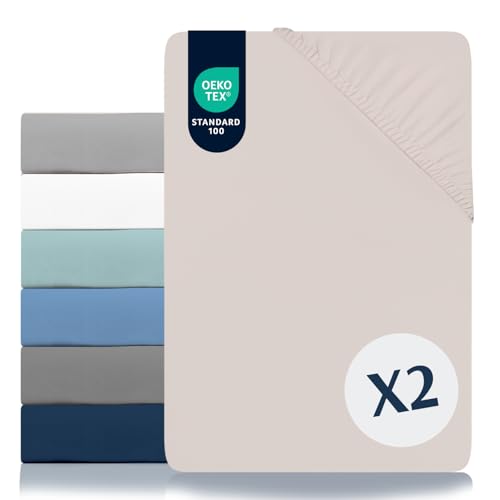 Dreamzie Juego de 2 Sabanas 150 x 200 Ajustables - Microfibra Ultra Suave Oeko Tex Certificado - Sabanas 150x200 Cama - Beige Satinado