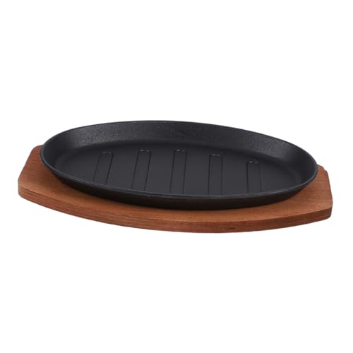 VERDANVERSE Cast Iron Teppanyaki Pan with Striped Grill Plate and Wooden Base Sizzling Steak Fajita Skillet for Barbecue Restaurant Serving Platter High-Heat Grill Dish for Indoor and Outdoor