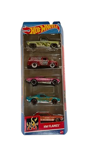 Image of Hot Wheels Car 2024 HW Flames Pack of 5 (56 Ford F-100, 83 Chevy Silverado, 64 Impala, Blvo Bruiser, Muscle Speeder) Multi - Color