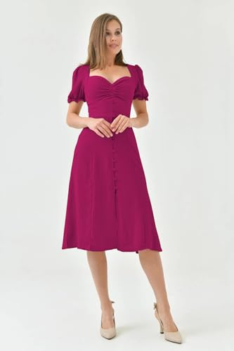Image of Shasmi Girl's & Women's Solid Midi Dress - Elegant Square Neck Button-Down Dress with Puff Short Sleeves | Stylish Casual & Party & Office Wear Outfit (Dress 105)
