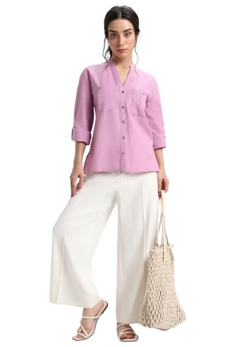 Image of DL Woman Women's Stylised Shirt Style Top with Roll Up Sleeves, Regular Fit Solid