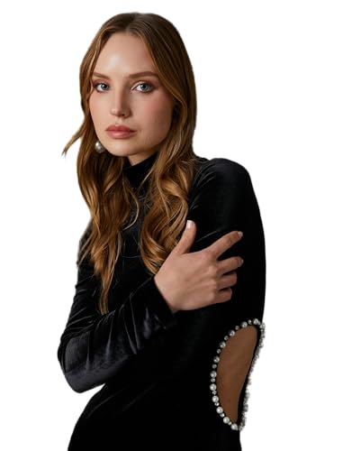 Robe midi en velours noir vêtement femme manches longues col haut perles L