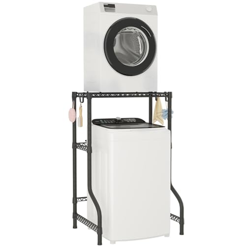 ULIFHOME U16 Upgraded Washer Dryer Stacking Rack for Narrow Laundry Room and Bathroom, Metal Over Washer and Dryer Storage Shelves for Saving Space, 29.5' W x 23.6' D x 53.1' H, Black