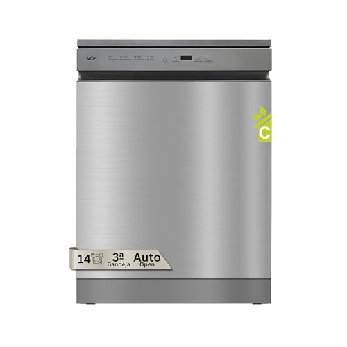VOK Lavavajillas 60 cm 14 Cubiertos Inox – 3ª Bandeja, 8 Programas, 47 dB Silencioso, Apertura Automática, Aquastop, Cesta Ajustable – Eficiencia Energética C – Instalación Incluida