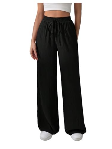 Women's Straight Wide Leg Pants Elastic Drawstring Low Rise Casual Textured Trousers with Pockets