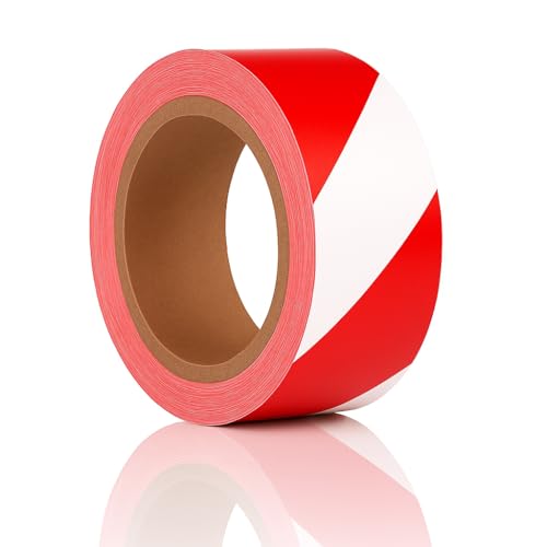 Reactive Brands Hazard Tape Red and White 50mm x 33m Strong Adhesive Warning & Caution Tape Durable Floor Marking Tape for Safety Zones Warehouses Construction Sites and Work Areas (1 ROLL)