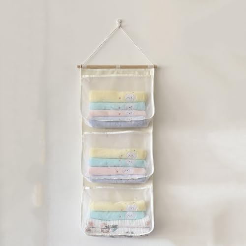 MOMIGO Over the Door/Wall Organizer - Hanging Organizer with Pockets Mesh Bag,Baby Accessory Holder Idea, Toy Plush Storage Bag for Children Room Nursering room (White, 3 Pockets)
