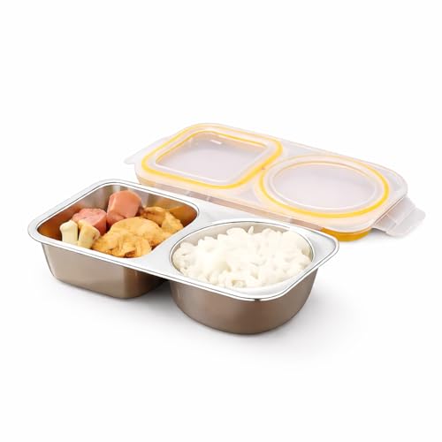 Image of Motka Stainless Steel Bento Lunch Box with 2 Compartment | 460 ml Leakproof Lid, Portion Control Meal Box | BPA Free Food Storage Container | Dishwasher, Freezer Safe | Office School Travel - Yellow
